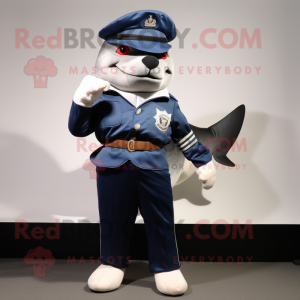 Navy Shark mascot costume character dressed with a Shorts and Suspenders