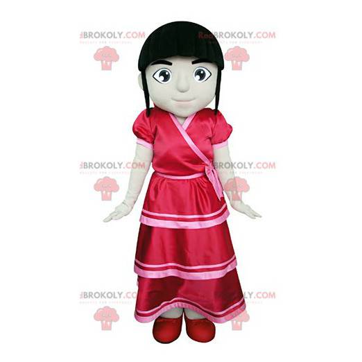 Maskottchen Brünette Mädchen in einem roten Kleid gekleidet -