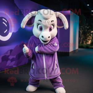 Lavender Ram mascot costume character dressed with a Hoodie and Cummerbunds