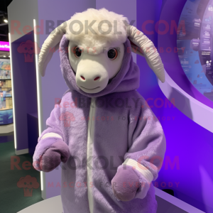 Lavender Ram mascot costume character dressed with a Hoodie and Cummerbunds