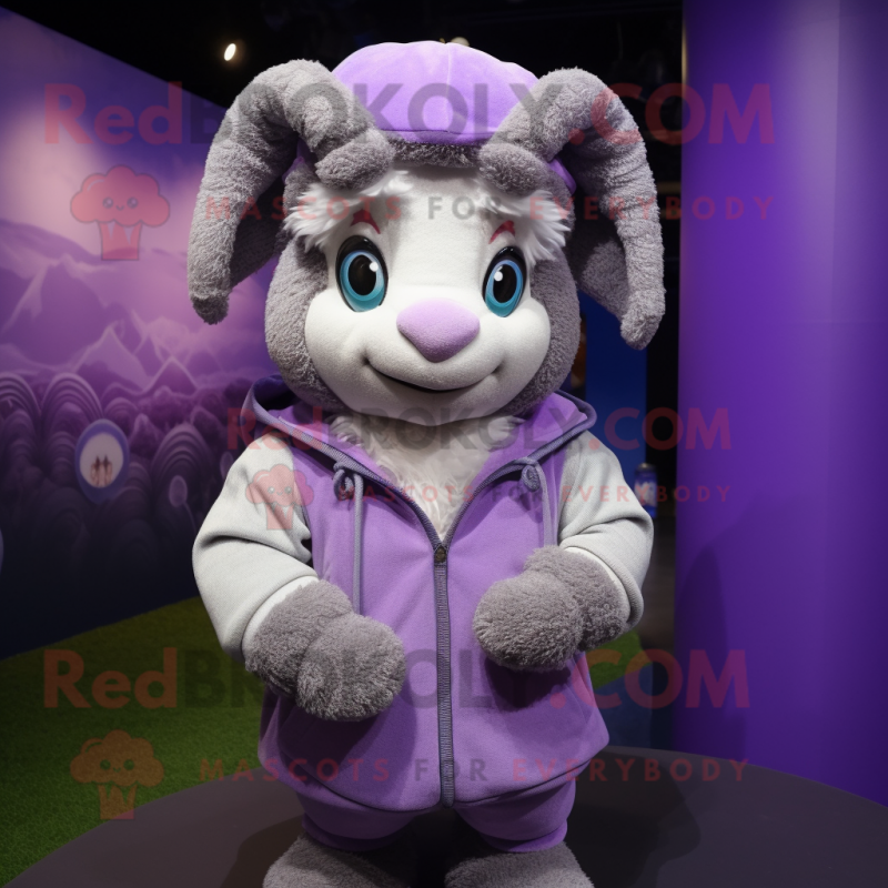 Lavender Ram mascot costume character dressed with a Hoodie and Cummerbunds Lavender Ram mascot costume character dressed with a Hoodie and Cummerbunds