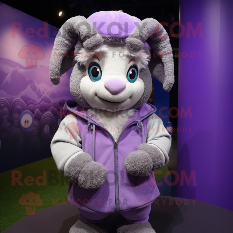 Lavender Ram mascot costume character dressed with a Hoodie and Cummerbunds