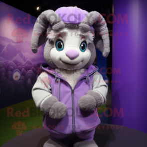 Lavender Ram mascot costume character dressed with a Hoodie and Cummerbunds