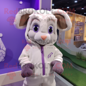 Lavender Ram mascot costume character dressed with a Hoodie and Cummerbunds