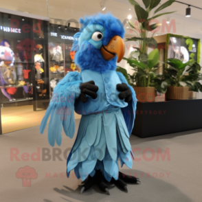 Sky Blue Parrot mascot costume character dressed with a A-Line Skirt and Hairpins