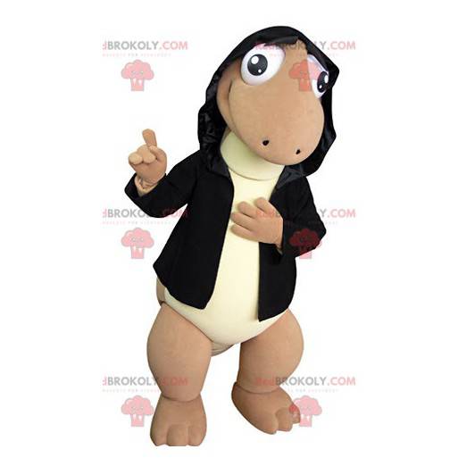 Braunes und gelbes Dinosauriermaskottchen mit einer Haube -