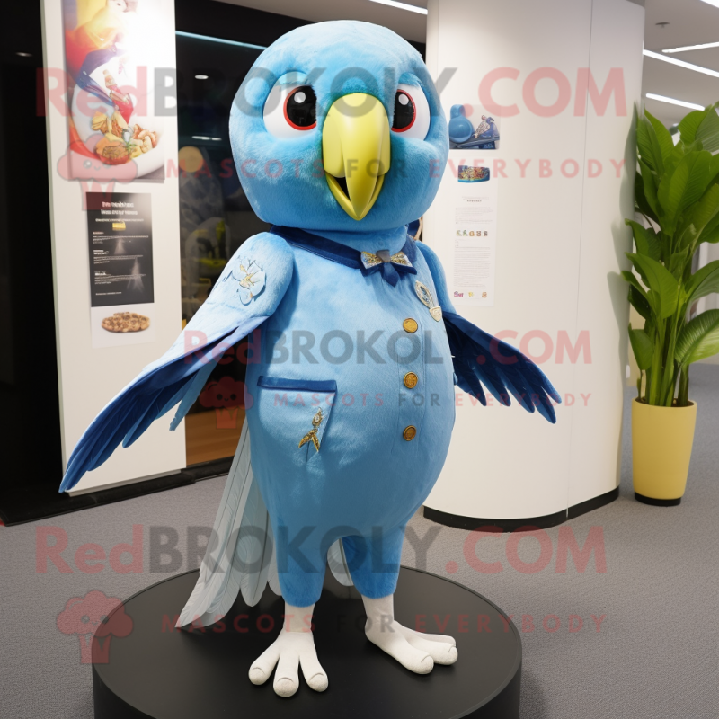 Sky Blue Parrot mascot costume character dressed with a A-Line Skirt and Hairpins