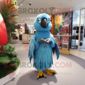 Sky Blue Parrot mascot costume character dressed with a A-Line Skirt and Hairpins