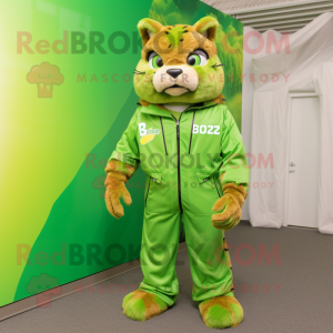 Lime Green Bobcat mascot costume character dressed with a Windbreaker and Cummerbunds