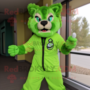 Lime Green Bobcat mascot costume character dressed with a Windbreaker and Cummerbunds