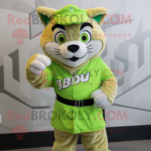 Lime Green Bobcat mascot costume character dressed with a Windbreaker and Cummerbunds