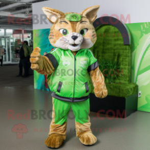 Lime Green Bobcat mascot costume character dressed with a Windbreaker and Cummerbunds