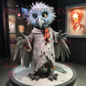 Gray Harpy mascot costume character dressed with a Sweater and Brooches