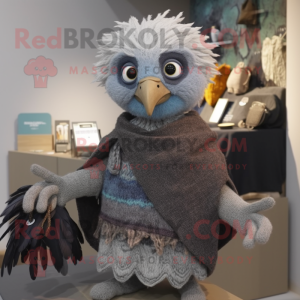 Gray Harpy mascot costume character dressed with a Sweater and Brooches