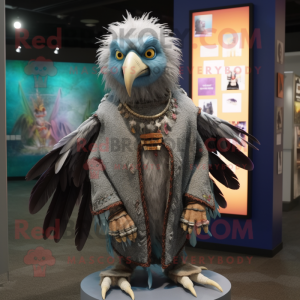 Gray Harpy mascot costume character dressed with a Sweater and Brooches