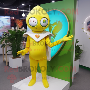 Lemon Yellow Arrow Of Love mascot costume character dressed with a Rash Guard and Shawls