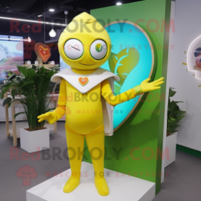 Lemon Yellow Arrow Of Love mascot costume character dressed with a Rash Guard and Shawls