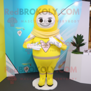 Lemon Yellow Arrow Of Love mascot costume character dressed with a Rash Guard and Shawls