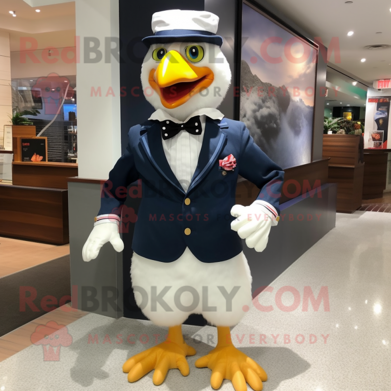 Navy Chicken mascot costume character dressed with a Tuxedo and Bow ties