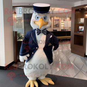 Navy Chicken mascot costume character dressed with a Tuxedo and Bow ties