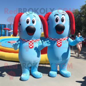 Sky Blue Hot Dogs mascot costume character dressed with a Swimwear and Suspenders