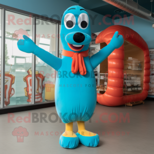 Sky Blue Hot Dogs mascot costume character dressed with a Swimwear and Suspenders