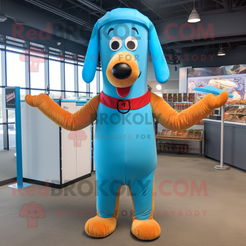 Sky Blue Hot Dogs mascot costume character dressed with a Swimwear and Suspenders Sky Blue Hot Dogs mascot costume character dressed with a Swimwear and Suspenders
