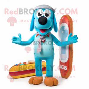 Sky Blue Hot Dogs mascot costume character dressed with a Swimwear and Suspenders