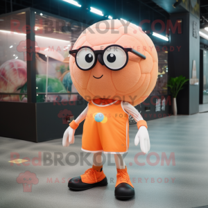 Peach Soccer Ball mascot costume character dressed with a Playsuit and Eyeglasses