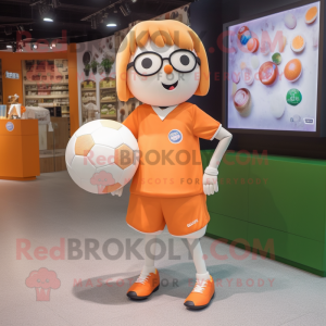 Peach Soccer Ball mascot costume character dressed with a Playsuit and Eyeglasses