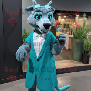 Teal Thylacosmilus mascot costume character dressed with a Cocktail Dress and Cufflinks