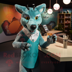 Teal Thylacosmilus mascot costume character dressed with a Cocktail Dress and Cufflinks