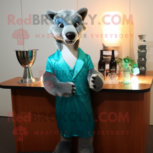 Teal Thylacosmilus mascot costume character dressed with a Cocktail Dress and Cufflinks