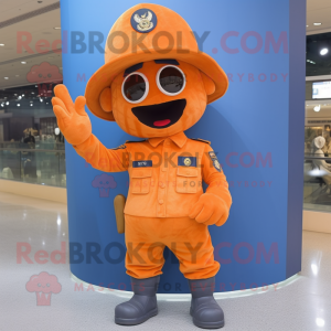 Orange Soldier mascot costume character dressed with a Jeans and Hats