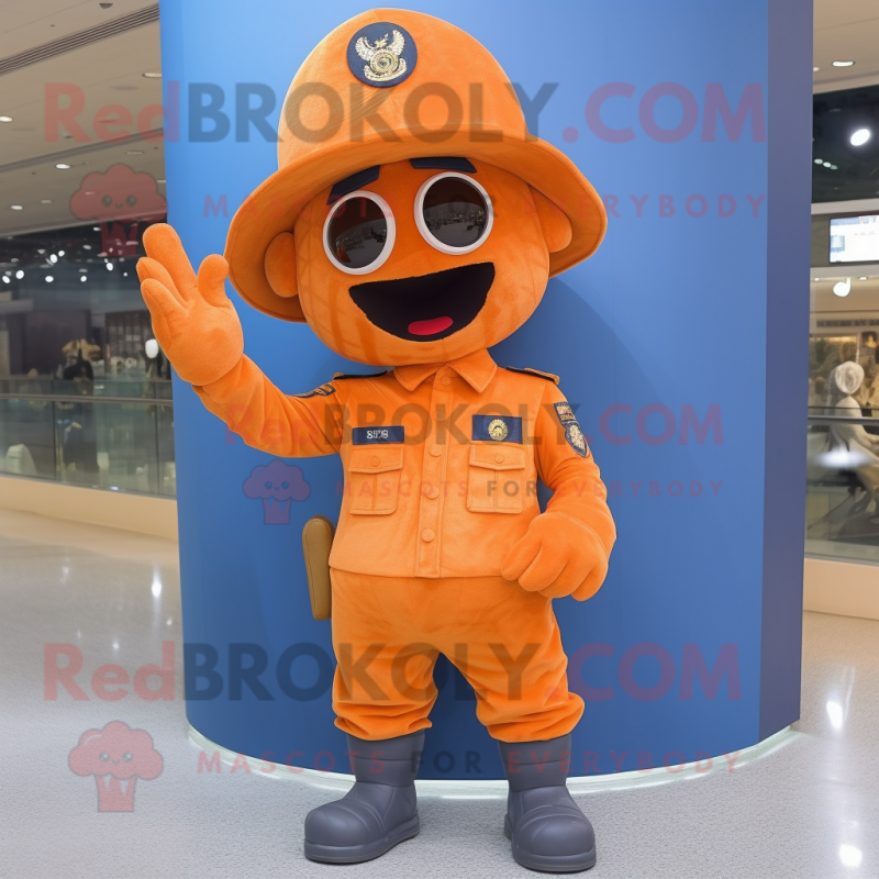 Orange Soldier mascot costume character dressed with a Jeans and Hats