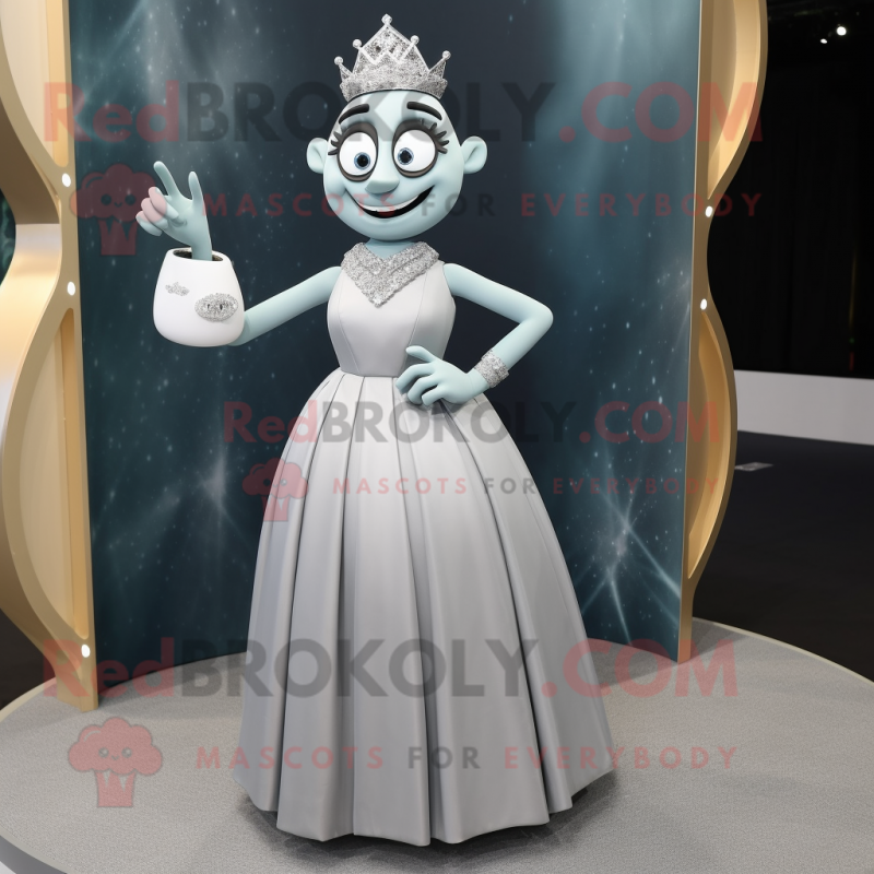 Silver Engagement Ring mascot costume character dressed with a A-Line Skirt and Lapel pins