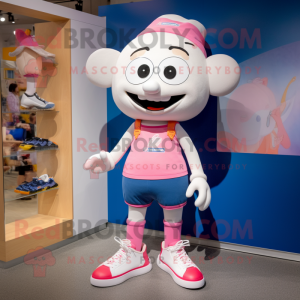 White Pink mascot costume character dressed with a Denim Shorts and Shoe laces