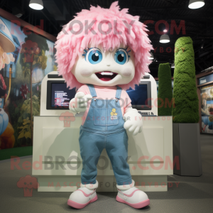 White Pink mascot costume character dressed with a Denim Shorts and Shoe laces