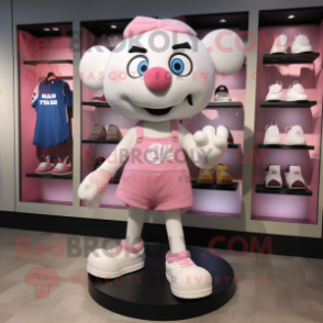 White Pink mascot costume character dressed with a Denim Shorts and Shoe laces
