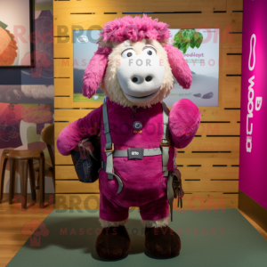 Magenta Suffolk Sheep mascot costume character dressed with a Romper and Briefcases