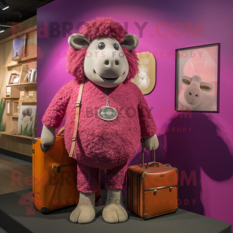 Magenta Suffolk Sheep mascot costume character dressed with a Romper and Briefcases