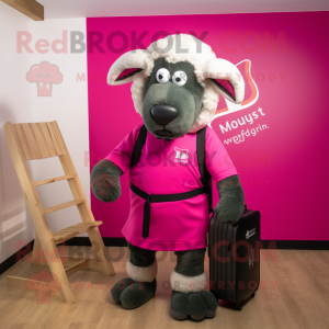 Magenta Suffolk Sheep mascot costume character dressed with a Romper and Briefcases