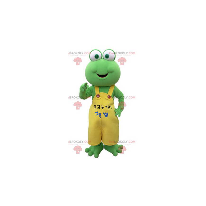 Mascotte de grenouille verte avec une salopette jaune -