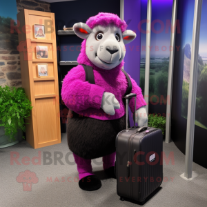 Magenta Suffolk Sheep mascot costume character dressed with a Romper and Briefcases