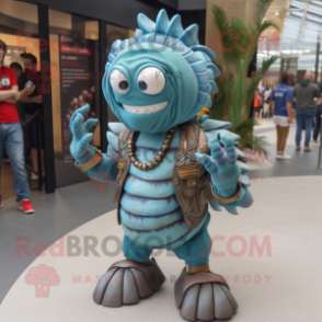 Turquoise Trilobite mascot costume character dressed with a Denim Shorts and Necklaces