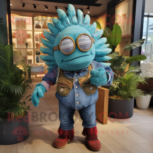 Turquoise Trilobite mascot costume character dressed with a Denim Shorts and Necklaces