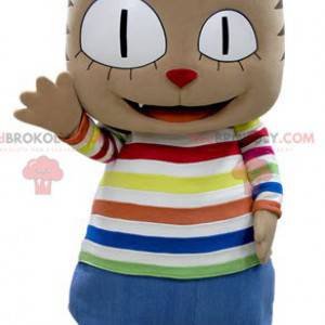 Brown cat mascot with a big head in colorful outfit -