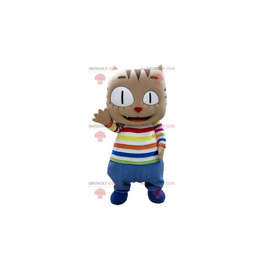 Brown cat mascot with a big head in colorful outfit -
