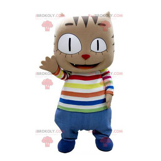 Brown cat mascot with a big head in colorful outfit -