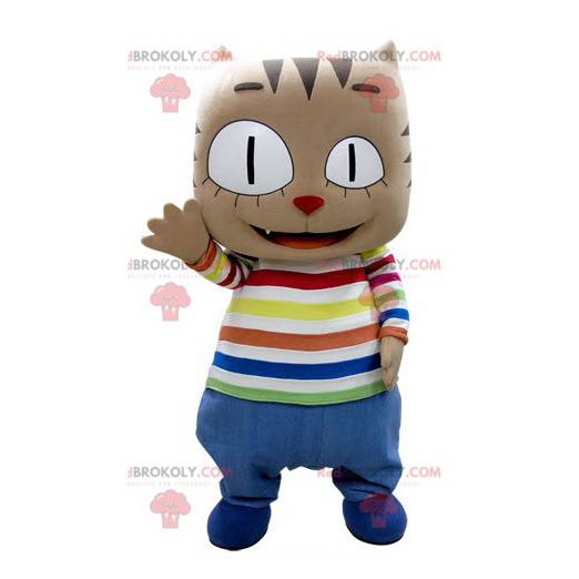 Mascote gato marrom com cabeça grande em roupa colorida -